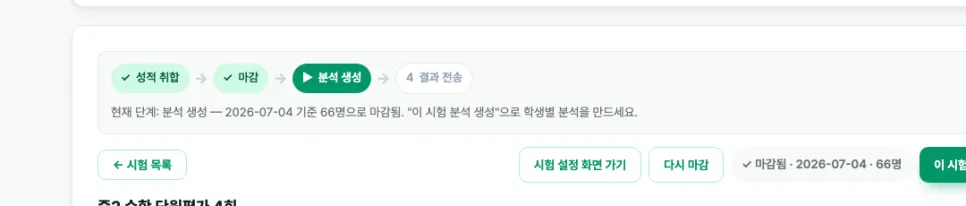 시험 진행 단계 표시 — 성적 취합 → 마감 → 분석 생성 → 결과 전송 순서와 현재 단계 안내