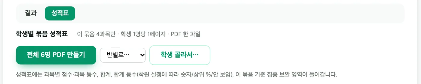 묶음 상세의 «성적표» 탭 — 「전체 6명 PDF 만들기」, 반별로·학생 골라서 선택 버튼과 성적표에 들어가는 내용 안내