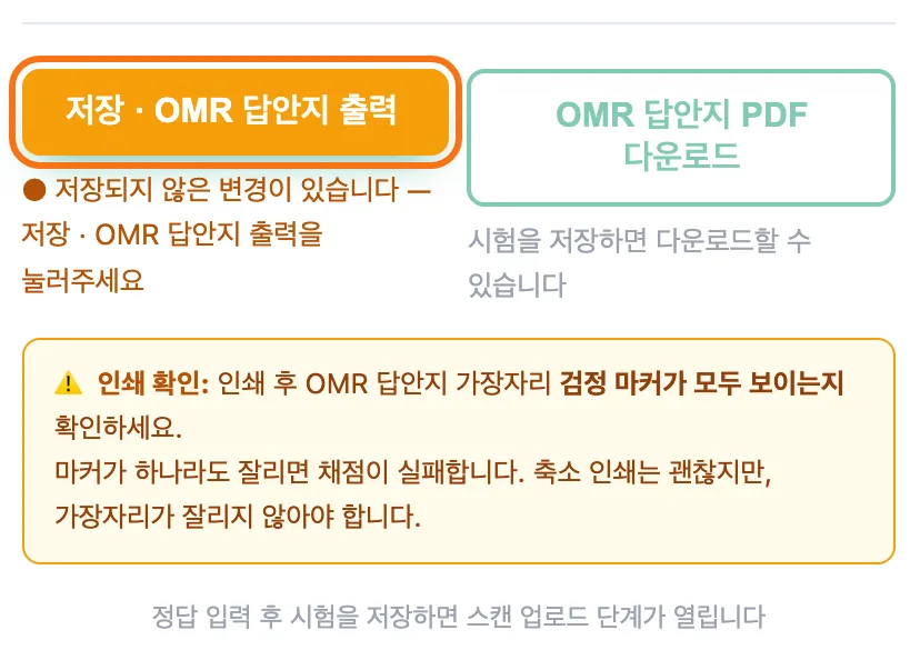 모두 채운 뒤 — 체크리스트가 사라지고 「저장 · OMR 답안지 출력」 버튼이 주황색으로 강조돼 있으며 아래에 «저장되지 않은 변경이 있습니다» 안내가 보인다