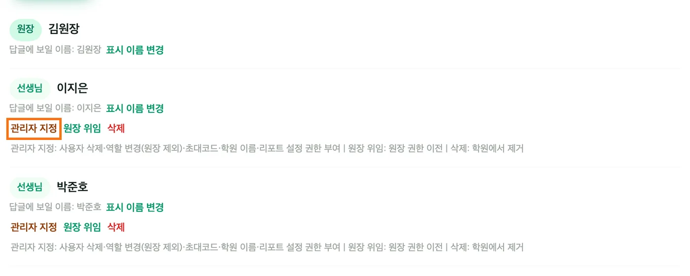 사용자 목록 — 원장 김원장 아래 선생님 이지은 줄의 「관리자 지정」이 강조 표시돼 있고 옆에 원장 위임·삭제가 있다