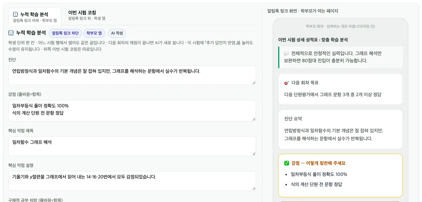 코칭 편집 — 왼쪽 누적 학습 분석·이번 시험 코칭 탭과 진단 입력 칸, 오른쪽 알림톡 링크 화면 학부모가 여는 페이지 미리보기