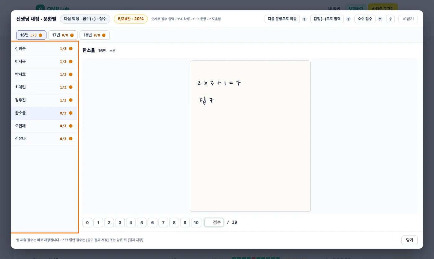 16번을 학생 다섯 명까지 채점한 모습 — 16번 단추에 5/8, 진행률 5/24칸 · 20%, 왼쪽 목록의 앞 다섯 학생이 1/3이고 여섯째 학생 한소율의 16번 풀이가 가운데에 보인다