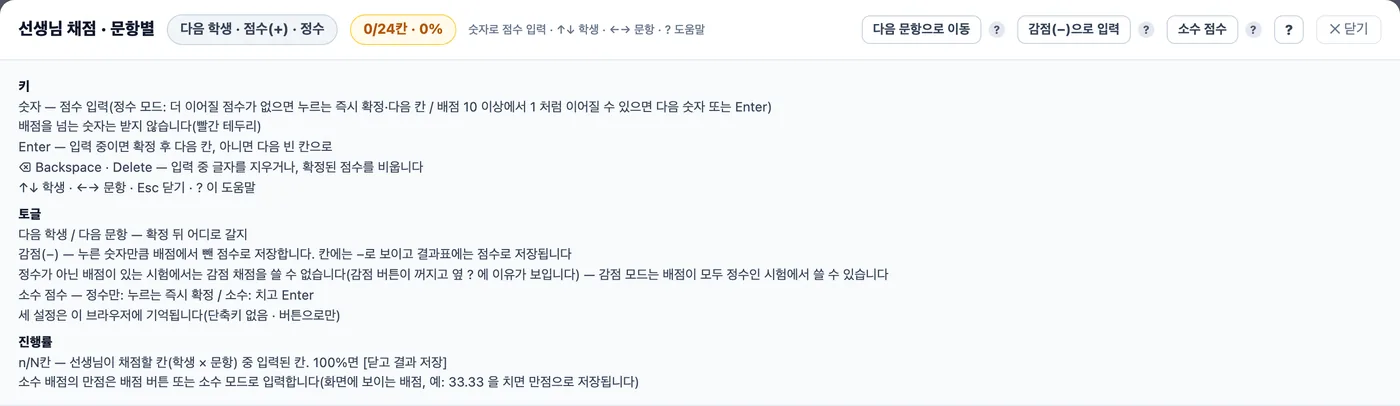 손글씨 점수 창의 도움말 — 키, 토글, 진행률 세 묶음으로 숫자·Enter·Backspace·Delete·화살표·Esc·? 키의 동작이 적혀 있다
