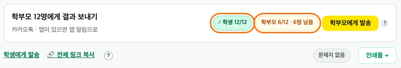 보낸 뒤의 «발송» 탭 — 학생 12/12 배지와 학부모 6/12 · 6명 남음 배지가 강조돼 있다