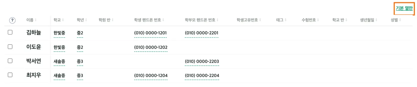 학생 관리 표 — 기본 열 오른쪽에 수험번호·학교 반·생년월일·성별 열이 더 붙어 있고, 같은 자리의 링크가 기본 열만으로 바뀌어 강조돼 있다